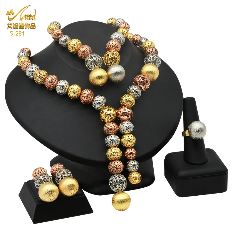 

2021 Fashion Nigerian 24K Plated Jewellery Beads Sets Earring Necklace Jewelry Set For Women And Girls