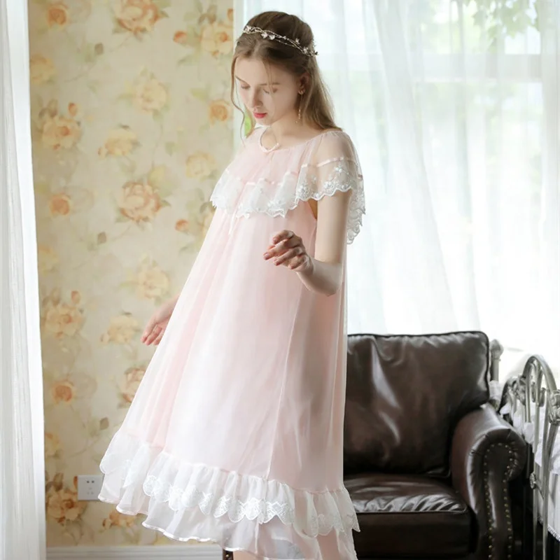 

Summer cotton silk sweet thin lace dress princess style home pajamas, Pink,white, purple