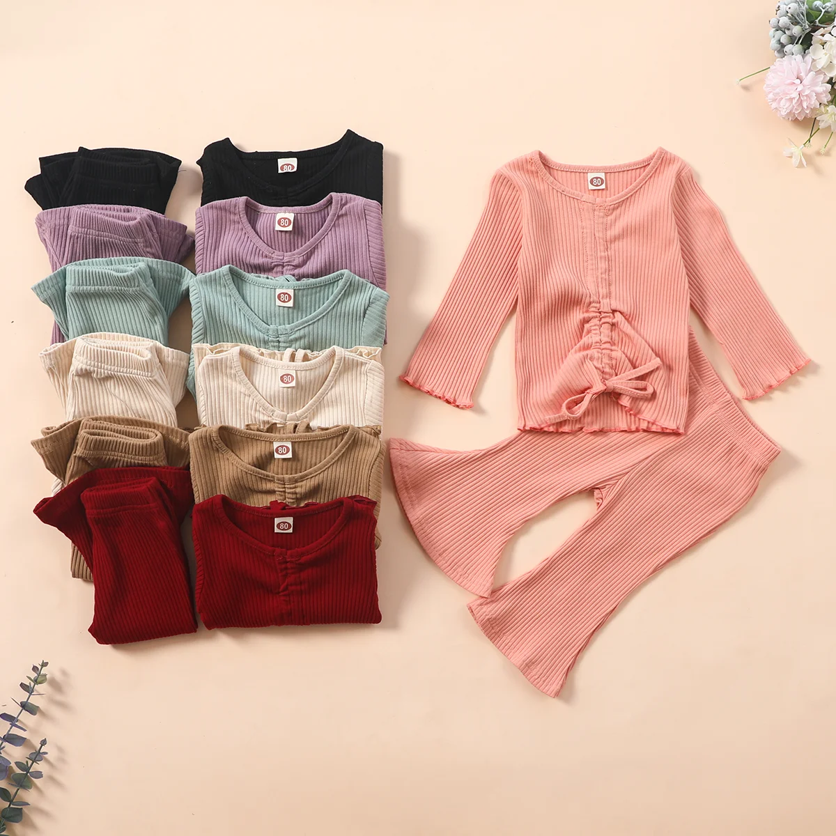 

Baby Girl Clothing Sets Fall Winter Toddler Long Sleeve Tops+Flare Pants Girls Casual Ribbed Outfits 2pcs set Solid color