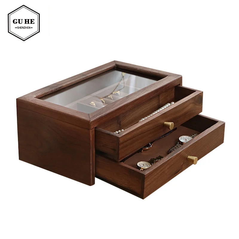 

Double layer solid wood Store rings, necklaces, watches and other jewelry Retro simple box Collection and storage of jewelry box, Walnut