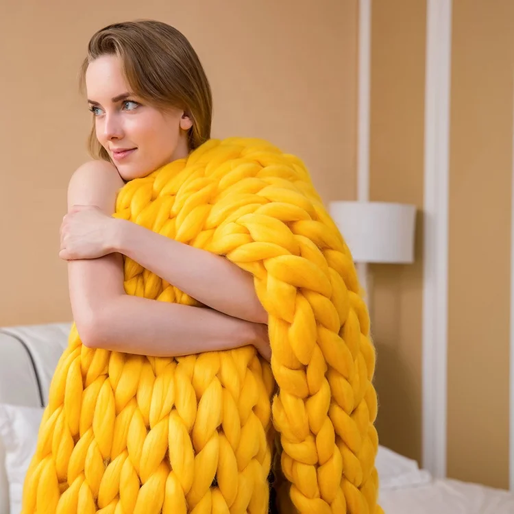 
Wwinter Warm Dropship Huge Yellow Cashmere Cable Chunky Chrohet Knit Blanket 