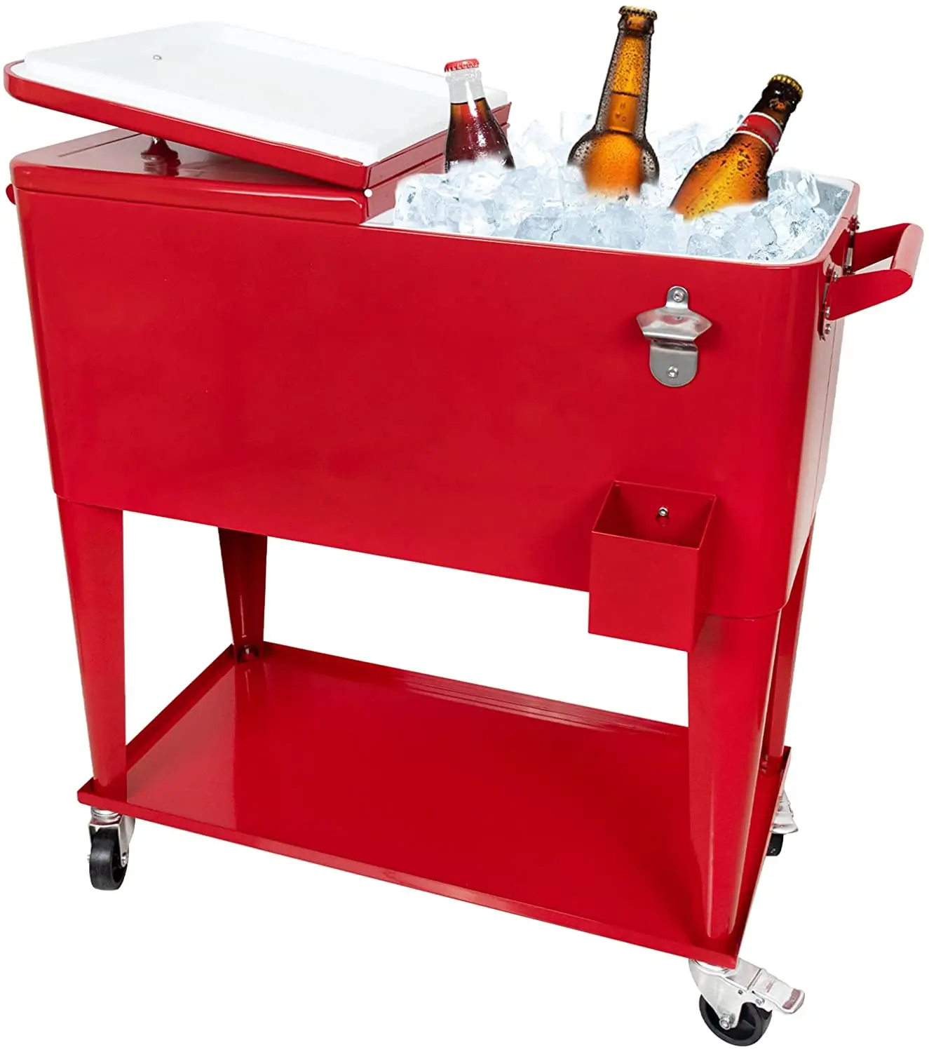 

Free Shipping in the U.S. Portable Rolling Storage Cooler Cart Trolley Iron Beer Cooler Cart with Large Storage Space, Red