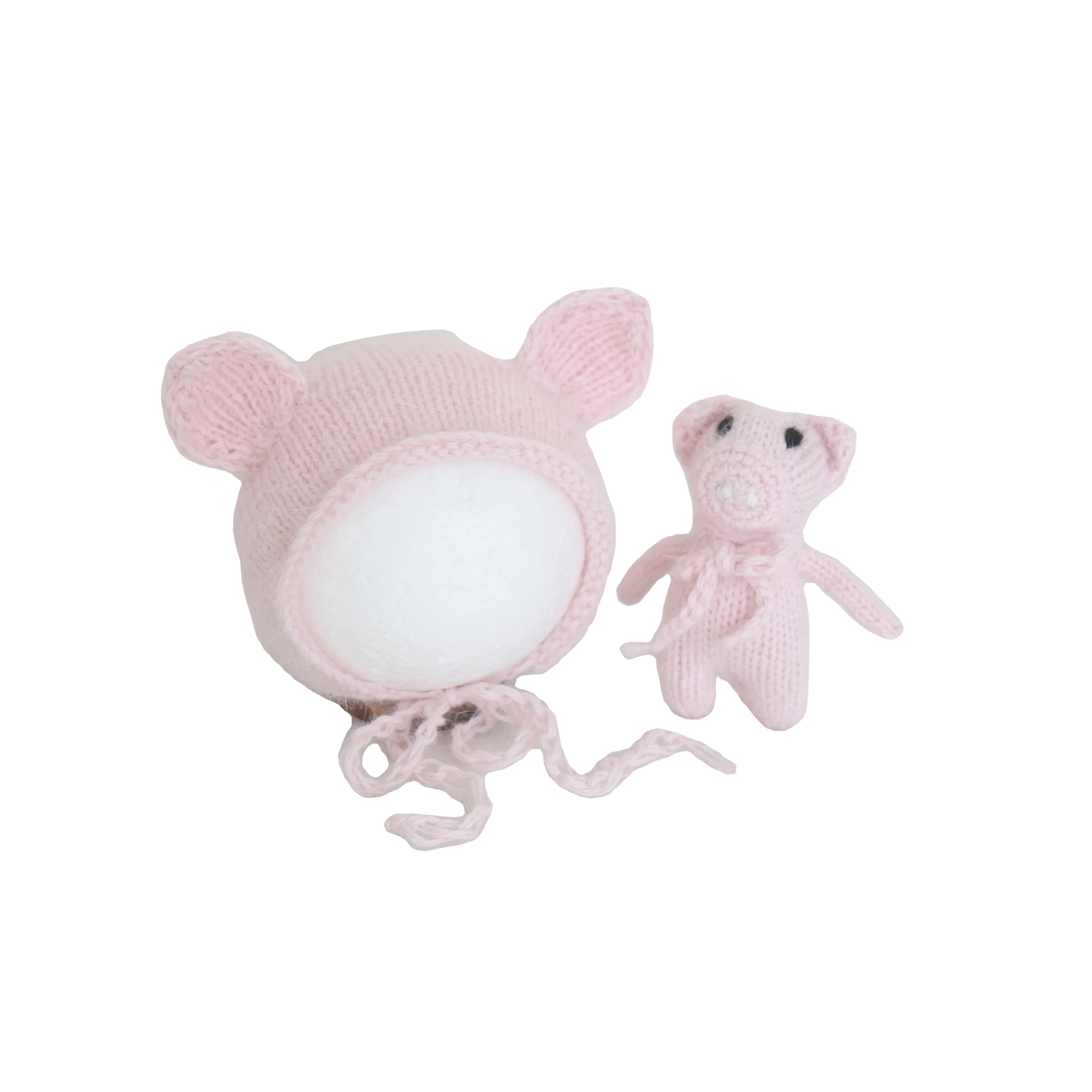

Newborn Knit Bonnet And Toy Photography Props Crochet Baby Mohair Teddy Bear Cap Doll Set