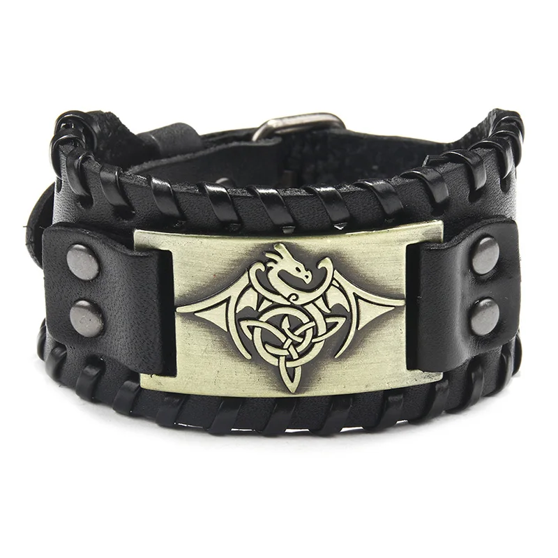

Adjustable Wide Mens Vintage Viking Dragon Bracelet Leather Cuff, Brown or black