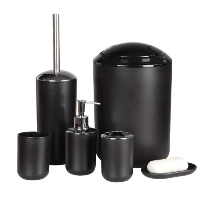 

Amazon Hot sale 6 Pcs Piece BLACK Plastic Gift Black Bathroom Accessory Sets with Toothbrush Holder Toothbrush Cup Toilet Brush, Customized