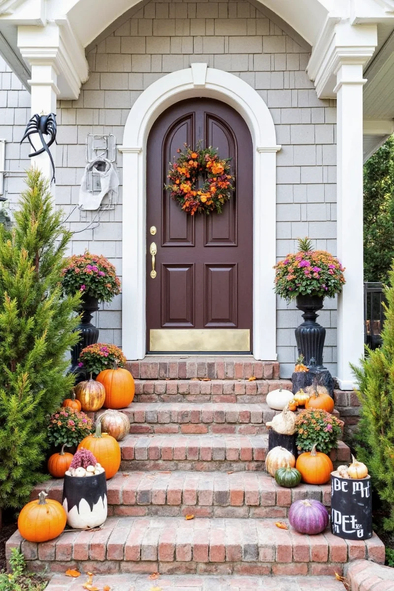 Mailbox decorated with pumpkins and flowers