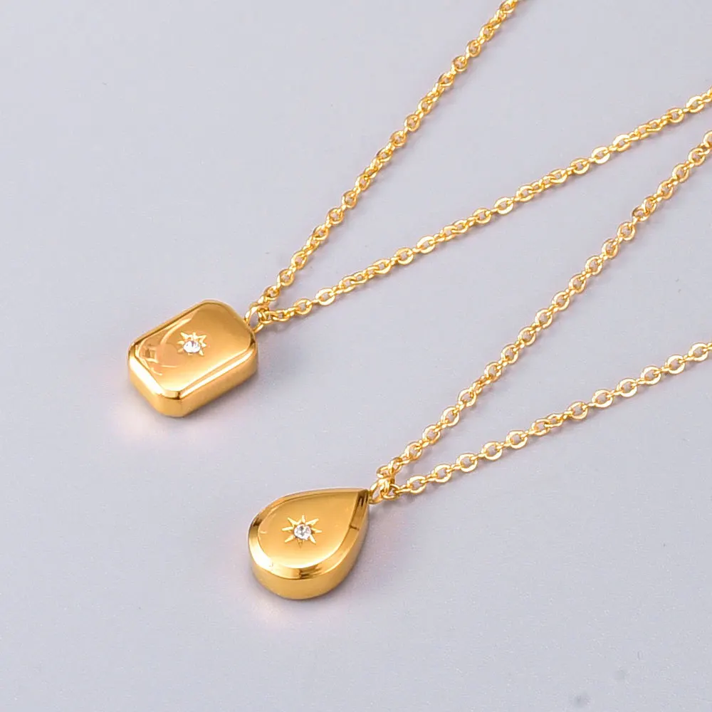 

Korea Style 18k Gold Plating 316L Titanium Thick Square Shaped Sun Pendant Necklace Zirconia Micro Pave Waterdrop Necklace