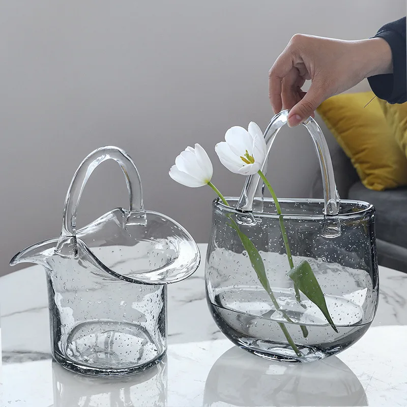 

Nordic Handbag Shape Vase Decoration For Living Room Glass Vase Fish Tank Ornament Decor, Grey, green