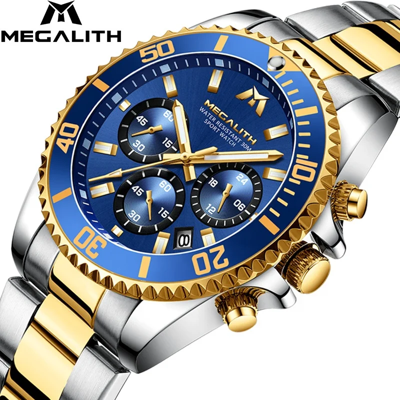 

MEGALITH Waterproof Sports Men Watches Quartz Business WristWatches Luxury Full Steel Chronograph Male Clock Reloj Hombre