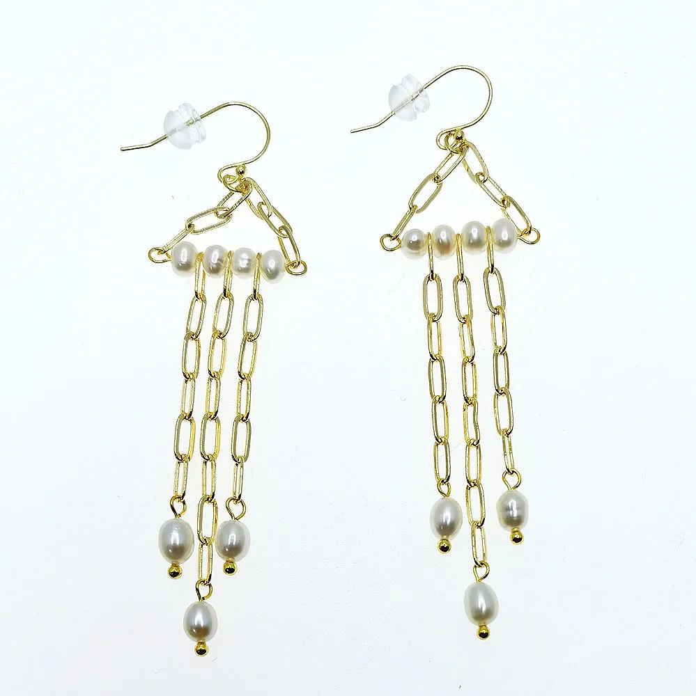 

E486 Factory direct sale Natural Metal Geometric 925 Sterling Silver Hooks Cultured Pearl Earring Long tassel earring
