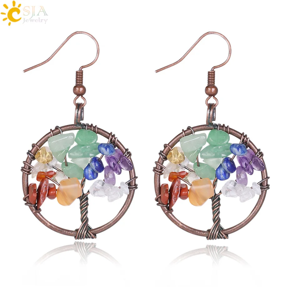 

CSJA wholesale natural gravel stone copper wire wrapped chakra tree of life drop dangle earring 2020 newest designs E529