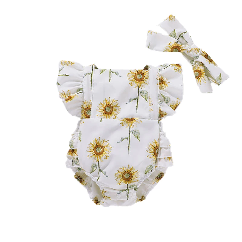 

Lovely Infant Toddler Girls Summer Clothes Sunflowers Print Ruffles Short Sleeve Backless Bodysuits Baby Romper, Photo showed and customized color