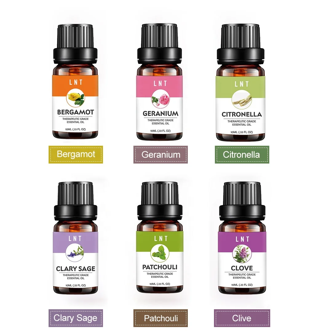 

Pure Essential Oil 6 pcs Gift Set Humidifier Aromatherapy Bergamot Clary Sage Patchouli Clove Geranium Citronella Eucalyptus Oil, Light yellow