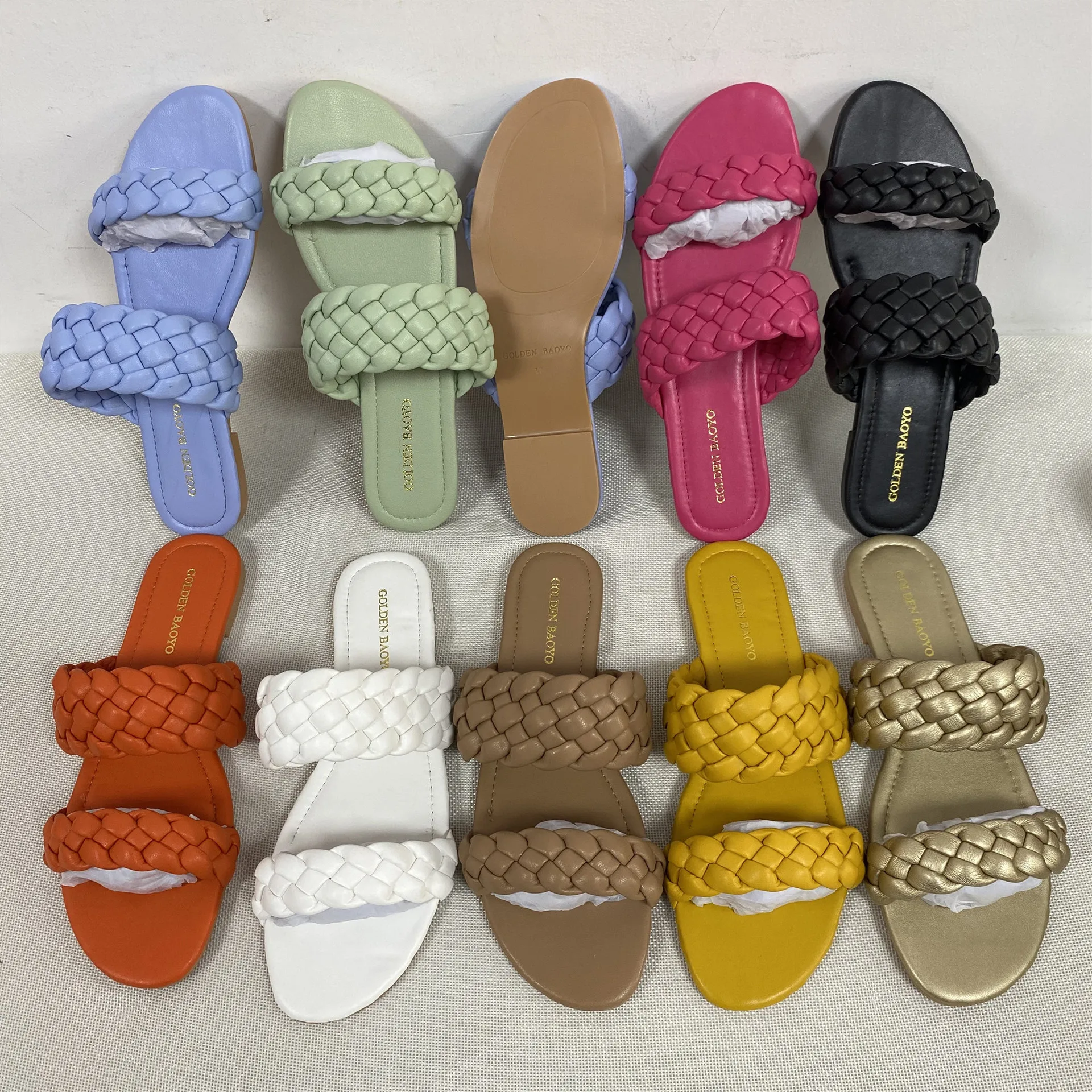 

2021 women slippers Ladies double strap woven PU flat slippers shoes woman summer style sandals for women and ladies, As picture
