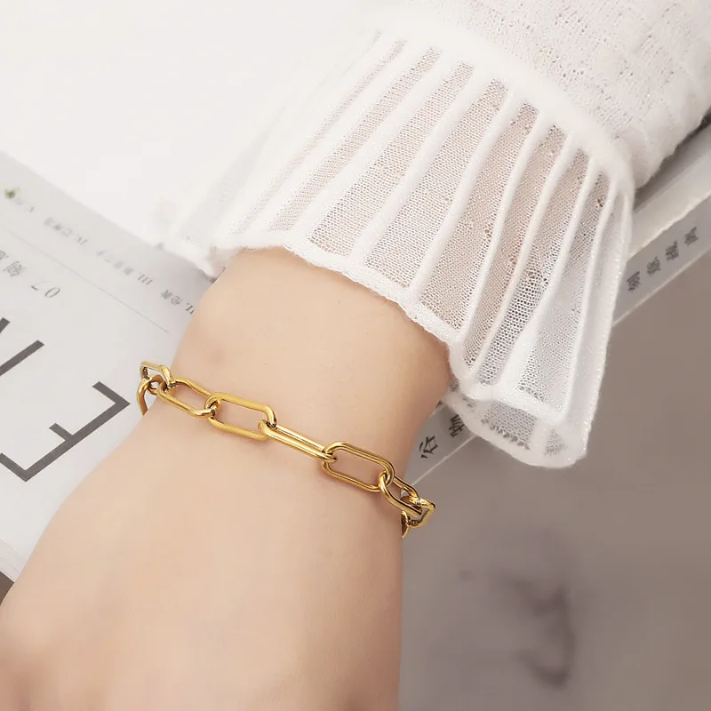 

Gold Stainless Steel Round Flat Rectangle Chain Link Choker Bracelet Paperclip Link Chain Bracelet For Women Men