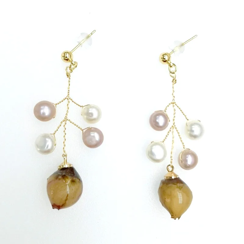 

E400 Factory Resin Flower Real Gold Plated Handwork Fashion Baroque Freshwater Cultured Pearls Drop Stud Earring
