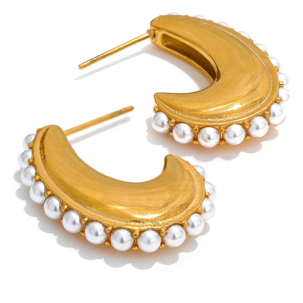 

JINYOU 507 2023 Imitation Pearl Gold Color Stainless Steel Cashew Geometric Hoop Earrings Women Elegant Palace Fashion Jewelry