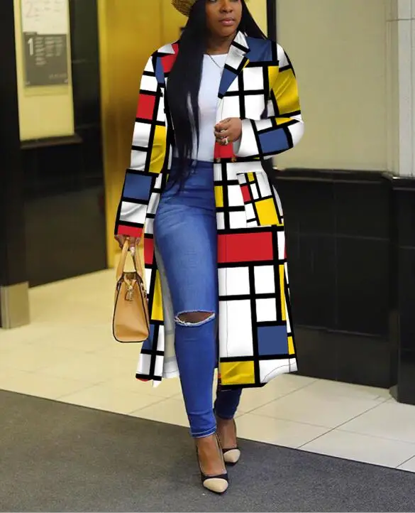 

Fall Oversized Trench Pockets Personality Plaid Women Casual Outwear, Yellow red purple blue