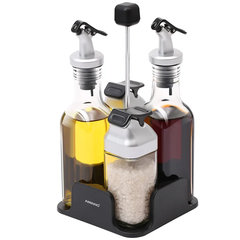 

Oil and Vinegar Dispenser Set of 4 Bottles, Salt and Pepper Holder Cruet - Premium Glass Condiment Set for Kitchen, Tabletop, Black