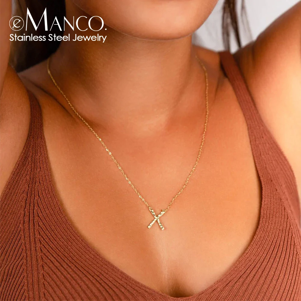 EManco Unisex X Shape Stainless Steel Pendant Necklace Silver 14K Gold Plated Geometric Stylish Simple Fashion Jewelry for