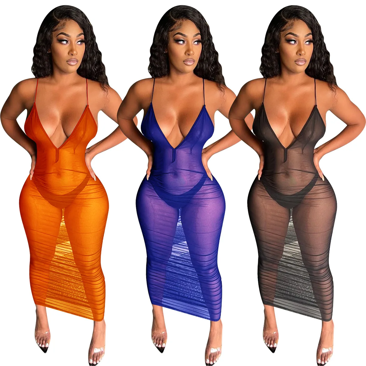 

New Arrival Summer Bodycon Maxi Mesh Sling Dress Transparent Sexy Women Dress, Blue, gray