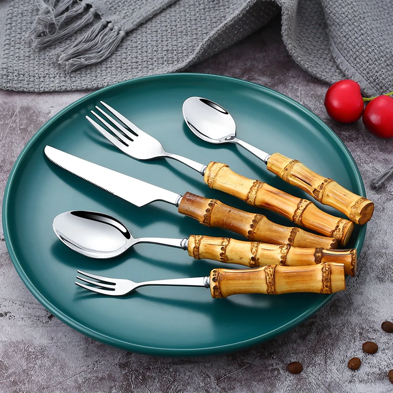 

Reusable 100% real natural bamboo handle cutlery 5pcs set Bamboo Silverware Stainless Steel Cutlery Set, Gold