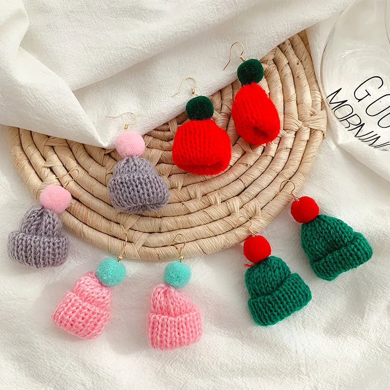 

2021 Hot Selling Knitted Woolen Small Hat Earrings Sweet Fluffy Pompom Christmas Hat Earrings for Women Girls, Multicolor