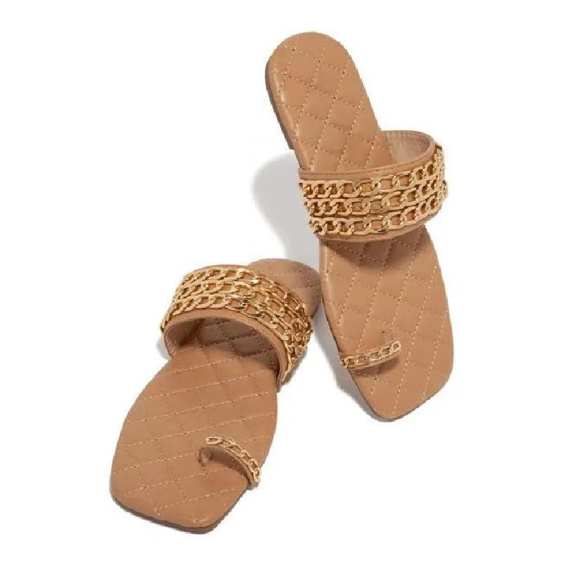 

Drop Shipping Flat Square Toe Chain Rubber Slippers Women Trendy Sandals Thong Sandals, 3 colors