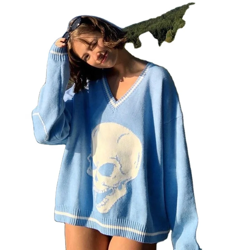 

Womens High quality European and American skull head knit shirt new v-neck pullover popular in autumn and winter sweater