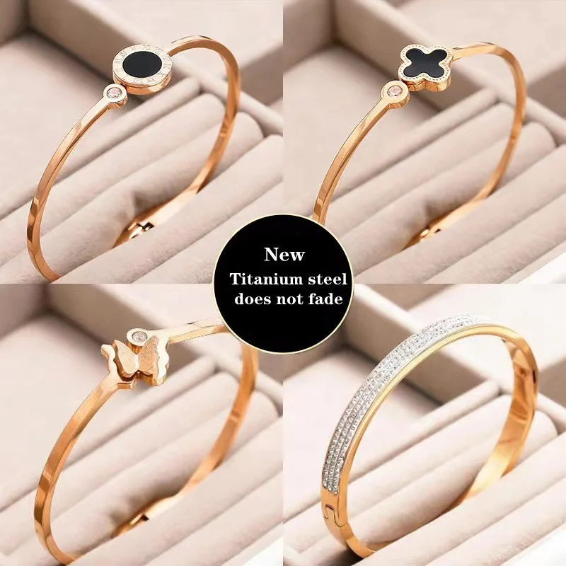 

New hot sale four-leaf clover swan bracelet ladies rose gold bracelet simple medical bracelets stainless steel jewelry 2021, Picture shows