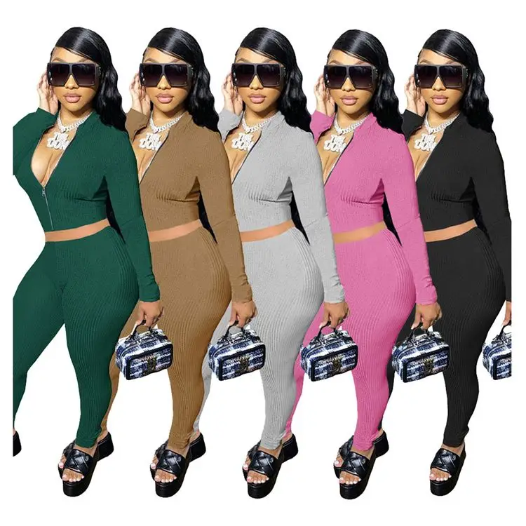 

Solid Zipper Knit Fashion Sets Clothing Women Two Set Womens 2 Piece Outfit