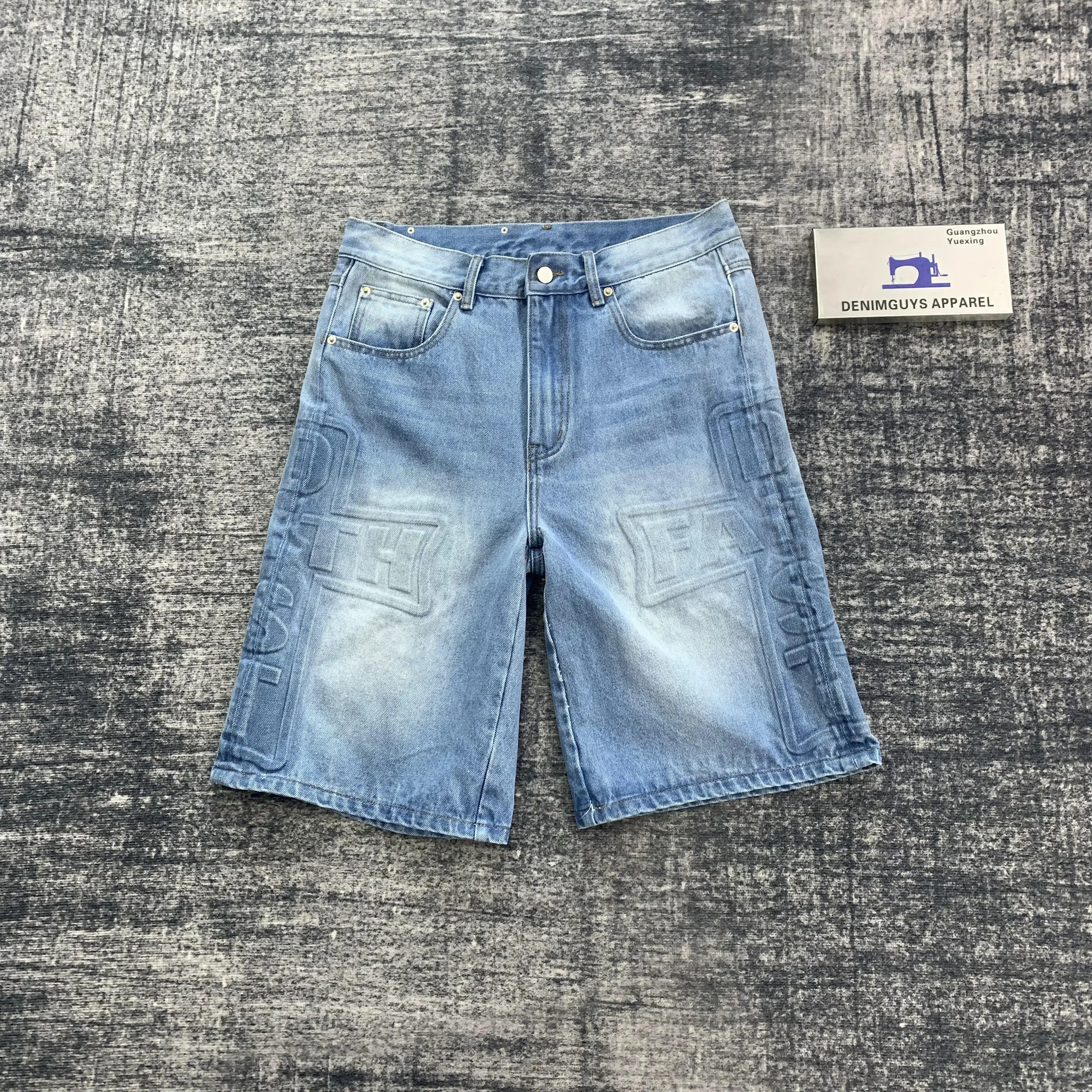 DENIMGUYS Custom Vintage Fashion Men's Embossed Baggy Denim Jorts Y2k Acid Wash Embossed Denim Shorts Mens