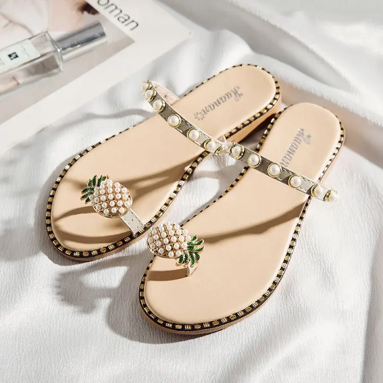 

Flat Beach Shoes Sweet Sandals Sandalias Girls Pearl Bohemian Style Lady Casual Sandals Slippers Fashion Women, As pictures