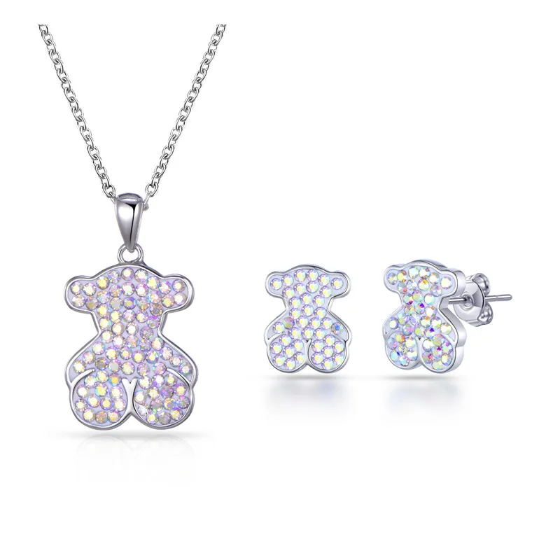 

PONEES Hot Sale Pave Setting Crystal Bear Necklace And Earrings Jewelry Sets For Girls Birthday Gift