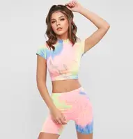 

gym wear Tie Dye Half Zip Biker Shorts bra and leggings Set