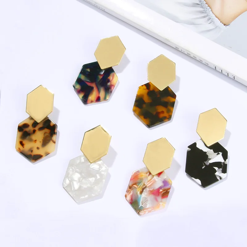

New simple hexagonal diamond metal earrings geometric acrylic pendant acetate acetate long earrings, As pic