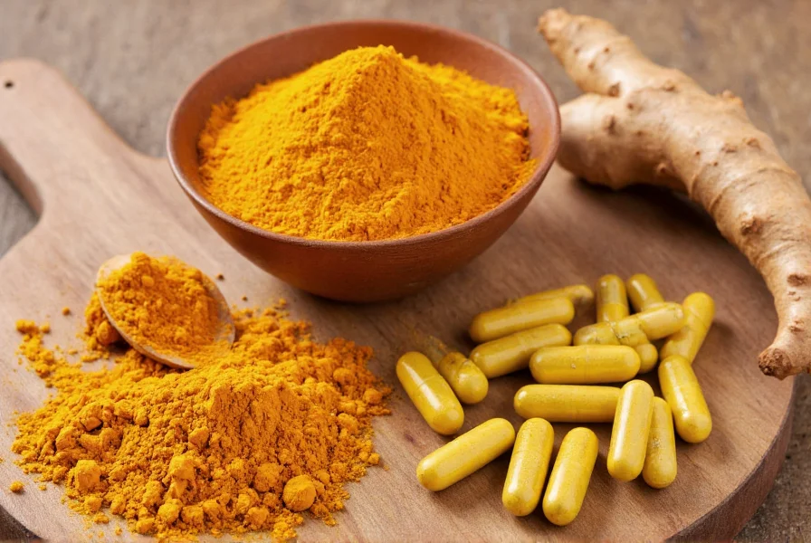 Turmeric powder, capsules, and fresh turmeric root arranged on wooden background