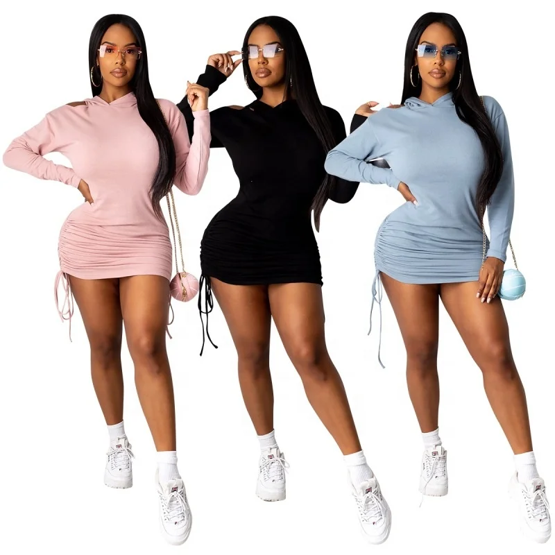 

New Modern Long Sleeve Hooded Bandage Solid Ladies Mini Dresses, Shown
