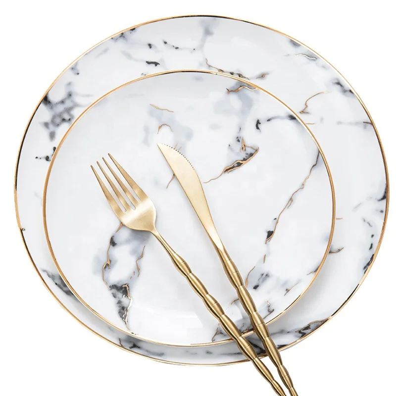 

Ceramic Plates Set Nordic Unique Gold Rimmed Porcelain Plate Marble Dinnerware Set Round Western Ceramic Cheap Plates, Picture