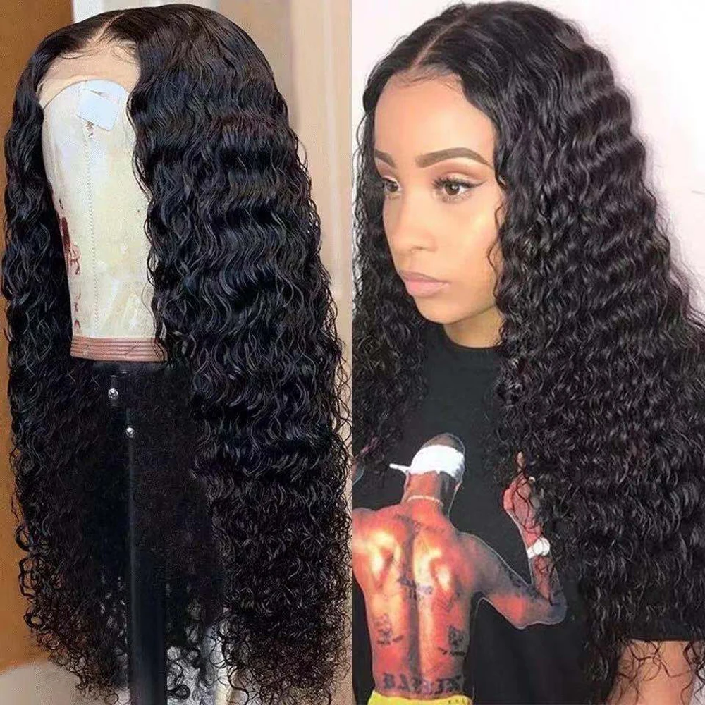 

Cowinner Long Wigs Synthetic Hair Water Wave Wigs T-Middle Part Brazilian Hair Deep Curly Wave Wigs, Black