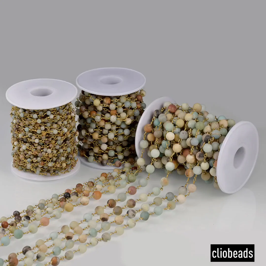 Frosted Fancy Jasper Bead With Brass Wire Wrapped Rosary Chain Beads