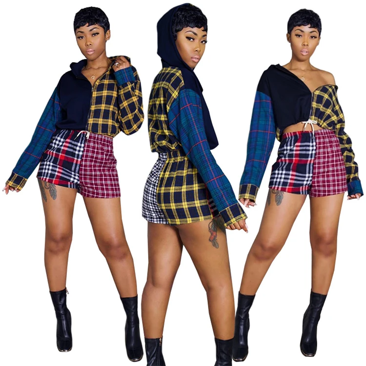 

G8118-fashion trendy 2021 spring patchwork plaid outfits women summer set 2 piece