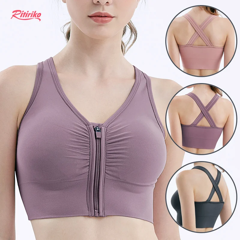 

Wholesale Workout Mujer Sports Fitness Traning Compression Professional Breathable Push Up Sports Gym Zip Front Yoga Bra For Wom