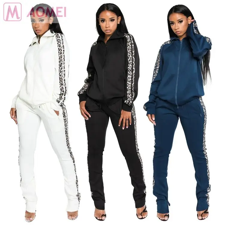 S7020 new stylish leopard side stripe jogger suits Pants Women 2 Piece Set Clothing