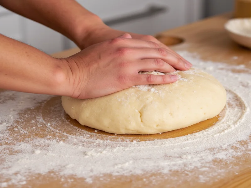 Kneading sandwich bread dough on floured surface
