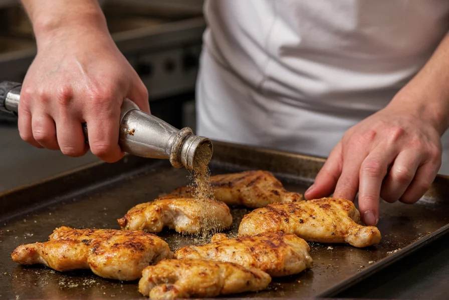 Professional chef demonstrating lemon pepper stepper technique on grilled chicken with seasoning being applied at different stages