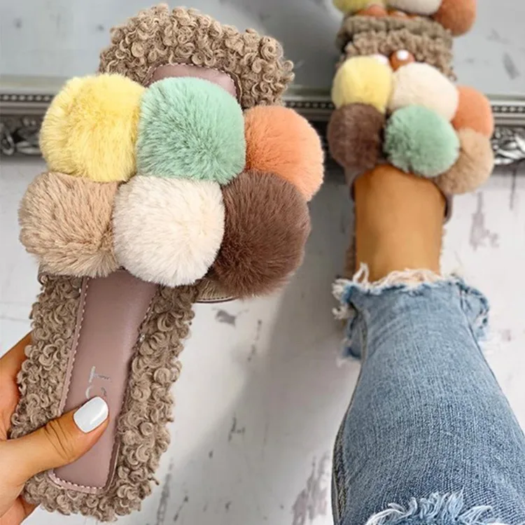 

Winter Women Slippers Faux Fur Slides For Women Fluffy Slippers House Female Shoes Woman Slippers Fur Pom Pon Furry Slides