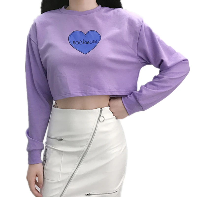 

Autumn Cute Heart Print Purple Long Sleeve Casual Cropped Top Women Crewneck Sweatshirt