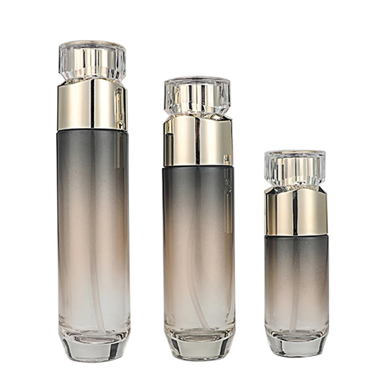 Cosmetic glass bottle set -- skincare cosmetic bottle packaging container manufacturer-Irregular gold cover with pump&spray details