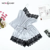 

VICTORLA'S KEY Elegant Silver Satin Pajama Set Lace Top Female Cami And Bow Shorts Lovely Summer Sleepwear Women's Pajamas 2019